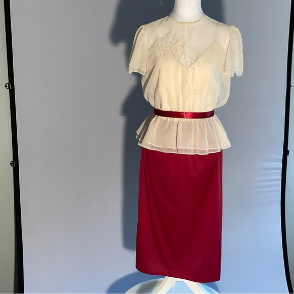 Vintage 80’s Cranberry/Ivory Spaghetti Strap Dress with Sheer Over Blouse Top - Picture 1 of 16